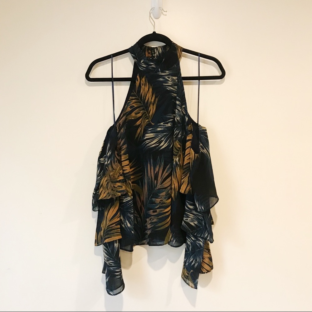 Olivaceous Cold Shoulder Leaf Print High Neck Top